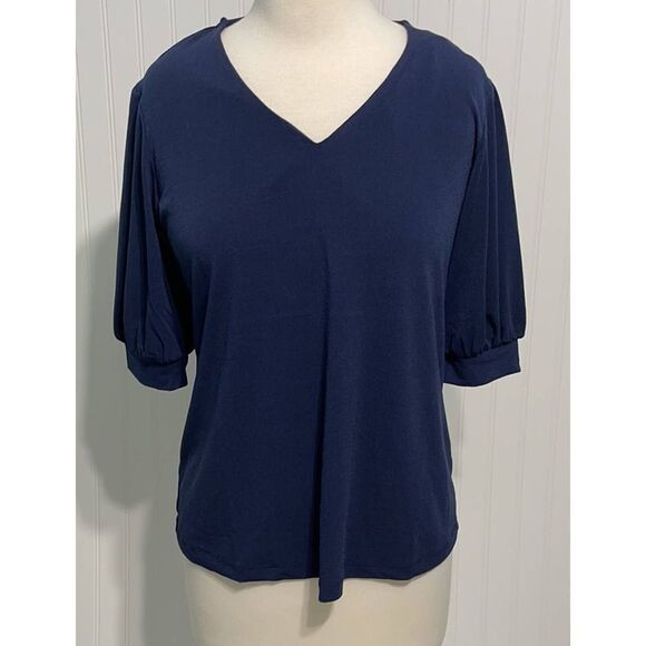 JM Collection Puff Sleeve V-neck Blouse Top Short Sleeve Intrepid Blue Small - Picture 10 of 10
